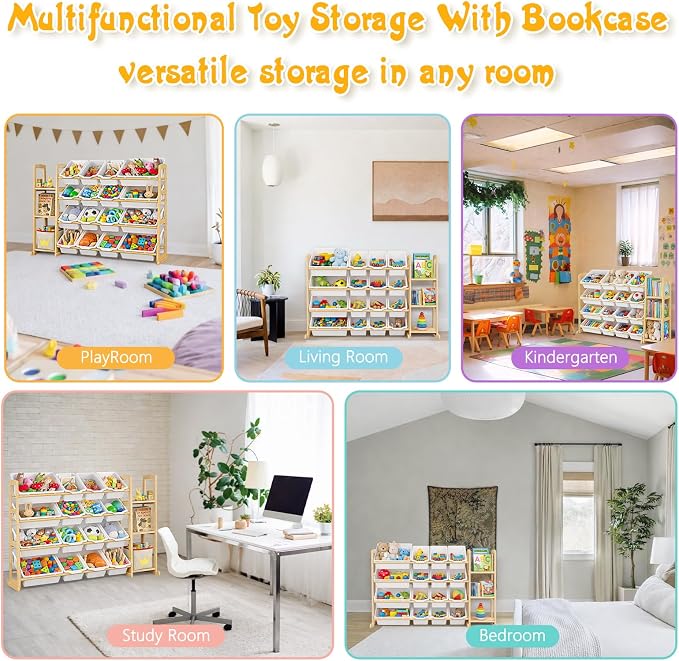 Kids Toy Storage Organizer with Bookshelf – Wooden Shelf with 16 Bins & 3 Shelves, Quick Assembly Storage Rack for Playroom, Bedroom, Nursery - White