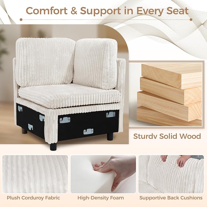 Modular Sectional Sleeper Sofa with Pull Out Bed, Plush Corduroy U Shaped Couch with Storage Chaise, USB Ports, Cup Holders, Comfy Sectional Couches for Living Room, Beige