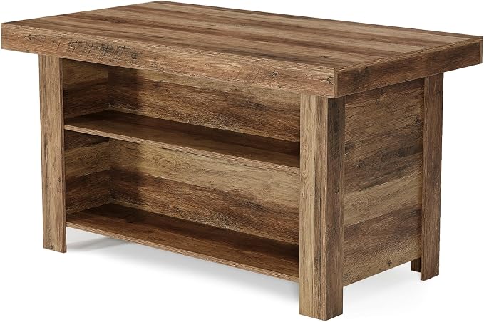 LITTLE TREE 55 Inches Kitchen Island with Storage, 3-Tier Farmhouse Wooden Stationary Island Table with Large Worktop & Leg Room, Modern Coffee Bar Table with Storage Shelf for Kitchen, Rustic Brown