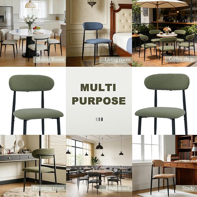 FREKEN Modern Upholstered Dining Chairs Set of 4, Mid-Century Metal Frame Linen Fabric Side Chair for Kitchen Dining Room, 350lbs Capacity, Green