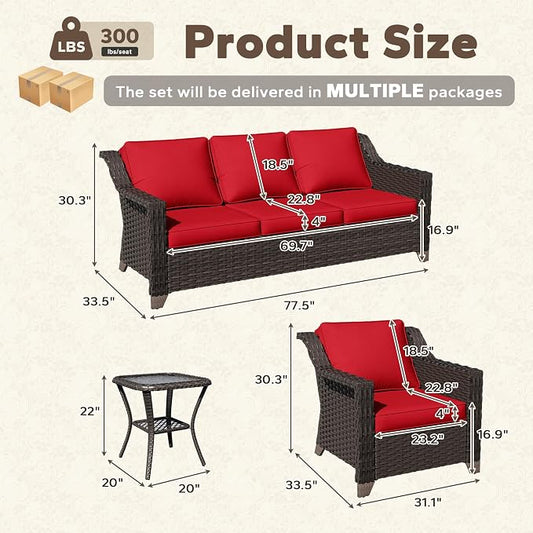 4 Pieces Patio Conversation Furniture Set - 1 Sofa, 2 Armchairs, 1 Side Table, Outdoor Wicker Furniture with Removable Cushions for Porch, Balcony, Sunroom (Red)