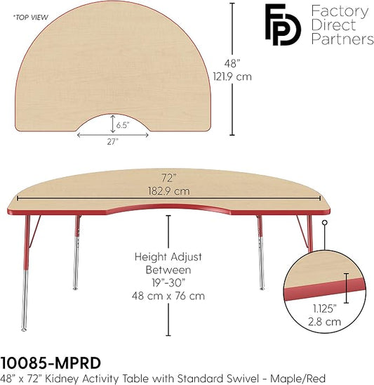 FDP Kidney Activity School and Office Table (48 x 72 inch), Standard Legs with Swivel Glides for Collaborative Seating Environments, Adjustable Height 19-30 inches - Maple Top and Red Edge