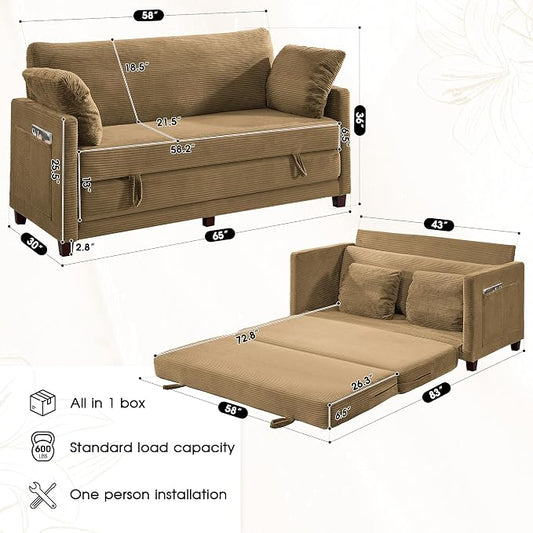 Myroyalsit 65" Convertible Loveseat Sofa Bed, 2-in-1 Folding Sofa Bed with 2 Pillow for Small Spaces, Modern Loveseat Sleeper Couch for Apartment, Living Room & Guest Room (Brown Corduroy, 65 inch)