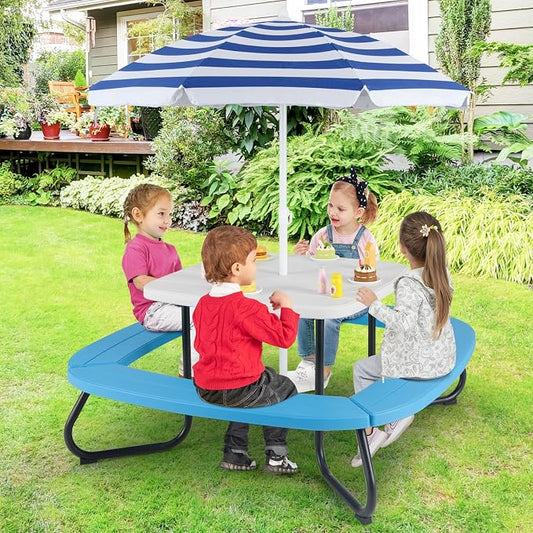 Costzon Kids Picnic Table, 8 Person Kids Outdoor Table and Chairs with Foldable & Adjustable Umbrella, 4 Built-in Benches, Toddler Outdoor Furniture for Backyard, Patio, Garden (Blue)