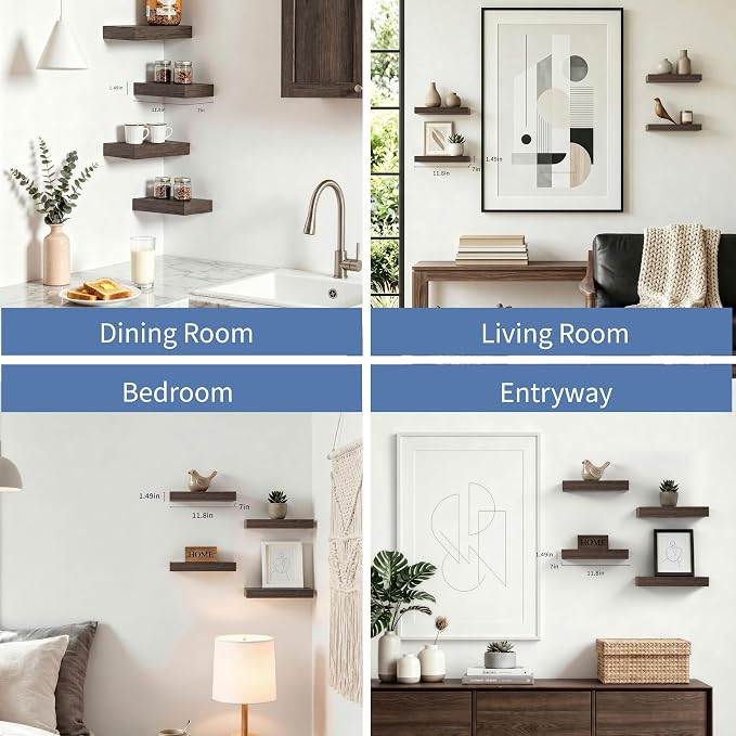 Smoke Gray Floating Shelves for Wall, Set of 4 Modern Wall Shelves Over Toilet for Bathroom, Bedroom, Kitchen & Living Room Decor Display, Minimal Storage & Wall Organizer, 12"x7"x1.5"