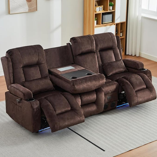 URRED Power Loveseat Recliner Sofa with Massage and Heat, Wall Hugger Reclining Loveseat with Console, RV Couch Home Theater Seating with LED Lights for Living Room (Brown, 89.8" - 3 Seats)