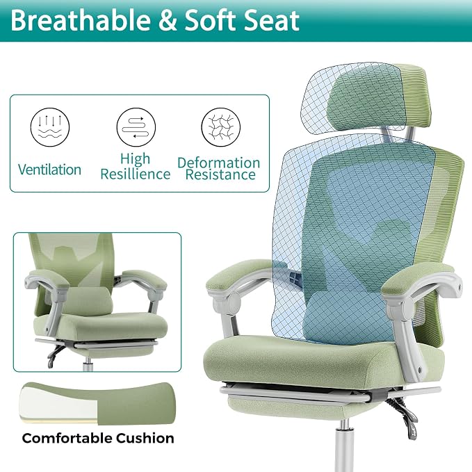 DUMOS Office Desk Chair with Footrest Ergonomic Gaming Chair for Adults Computer Mesh, Lumbar Support,Swivel Reclining with Headrest, Comfy Armrest for Home, Office, Work, Study, Light Green