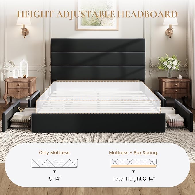 SHA CERLIN Queen Size Platform Bed Frame with 4 Storage Drawers, Velvet Upholstered Headboard, Mattress Foundation with Wooden Slats Support, No Box Spring Needed, Easy Assembly, Black