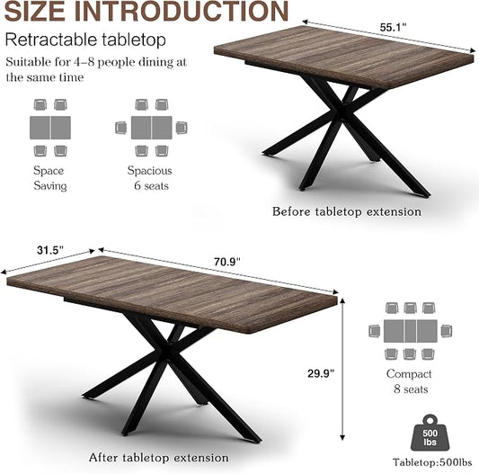 Extendable Dining Room Table for 4 6 8, 55"-71" Long Rectangle Kitchen Table,Wood Expandable Dining Table with Hidden Storage, Space Saving, For Kitchen Dining Living Room, Farmhouse, Dark Walnut