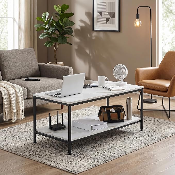 SUPER DEAL 2-Tier Coffee Table with Storage Shelf for Small Apartment Living Room, Rectangle Wood and Stable Metal TV Stand Side End Table, White Marble