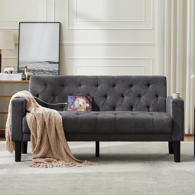 TYBOATLE 62" W Loveseat Sofa w/ 2 USB Charger Ports and 2 Cupholders, Mid-Century Modern Tufted Linen Fabric Small Love Seat Couches for Compact Living Room, Bedroom, Apartment, Dorm (1, Dark Grey)