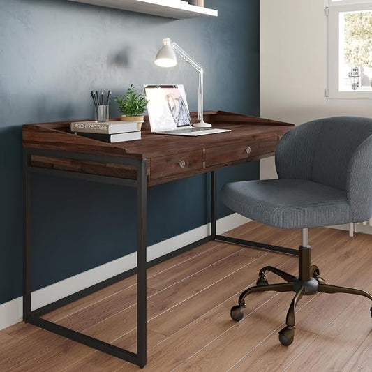 SIMPLIHOME Ralston Desk - 60 Inch Wide Solid Acacia Wood and Metal Writing Desk in Distressed Charcoal Brown, Modern Industrial Home Office Computer Table with 2 Drawers and Flip-Down Keyboard Tray