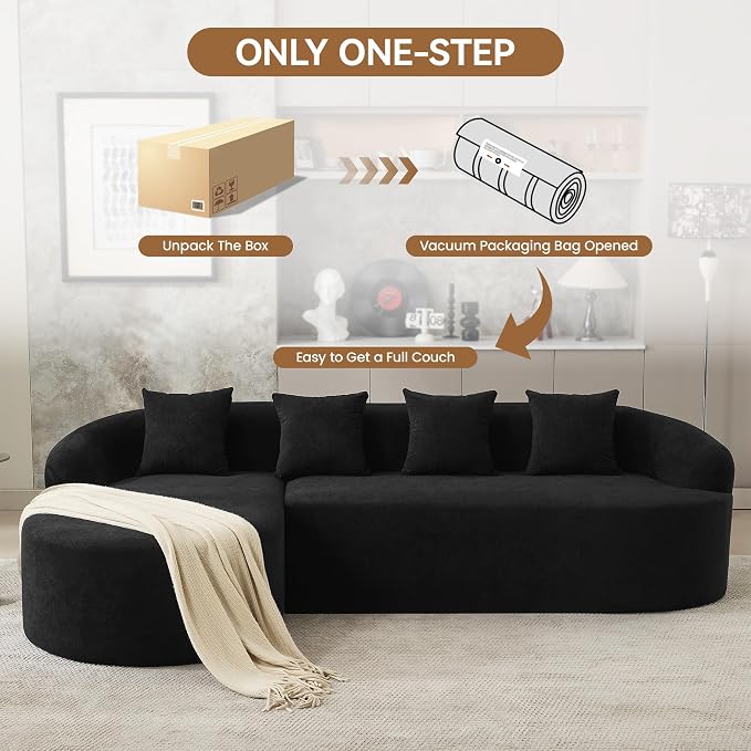 105" Boneless L Shaped Sectional Couch, Curved Cloud Deep Seat Sofa with Chaise Lounge, Oversized 4 Seater Couches for Living Room, No Assembly, Chenille Black