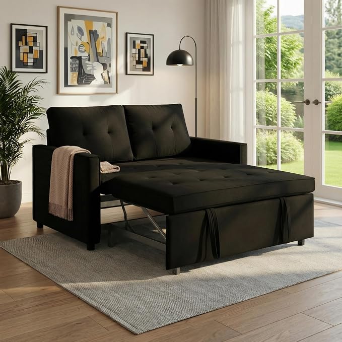 Sofa Bed, Pull Out Couch with Side Pockets, 3 in 1 Velvet Fabric Loveseat Sleeper Sofa Bed, Pull Out Couch with Adjustable Backrest for Living Room, Bedroom, Apartment, Black, 53 Inch