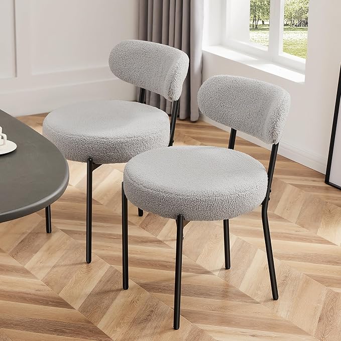 Sweetcrispy Dining Chairs Set of 4, Boucle Upholstered Modern Mid Century Round Kitchen Chairs with Curved Backrest & Metal Legs for Vanity, Living Room - Grey