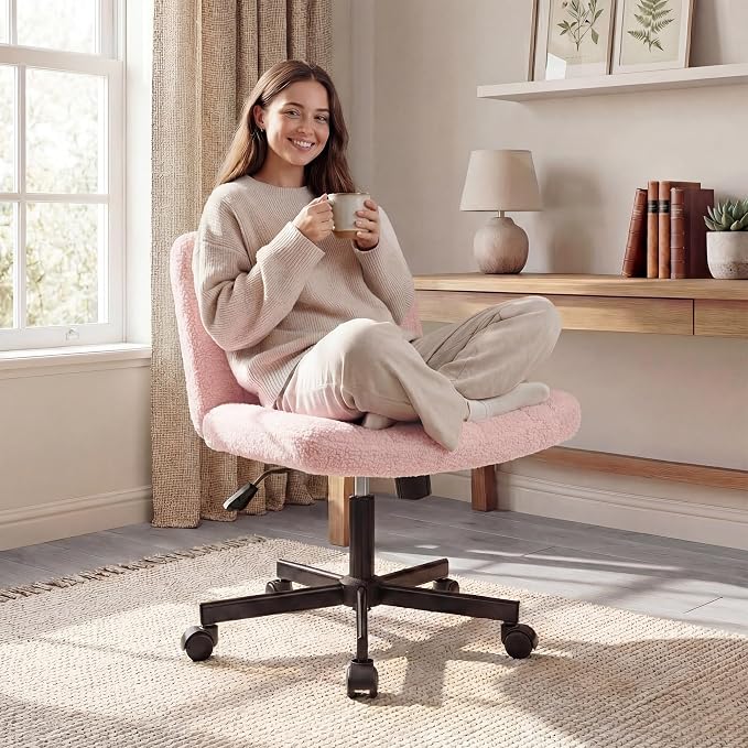 Orange Factory Criss Cross Chair Wheels Vanity Chair Office Desk Comfy Wide Cross Legged Armless Teddy Fabric Adjustable Swivel for Home Computer Task (Pink, Teddy Fleece)