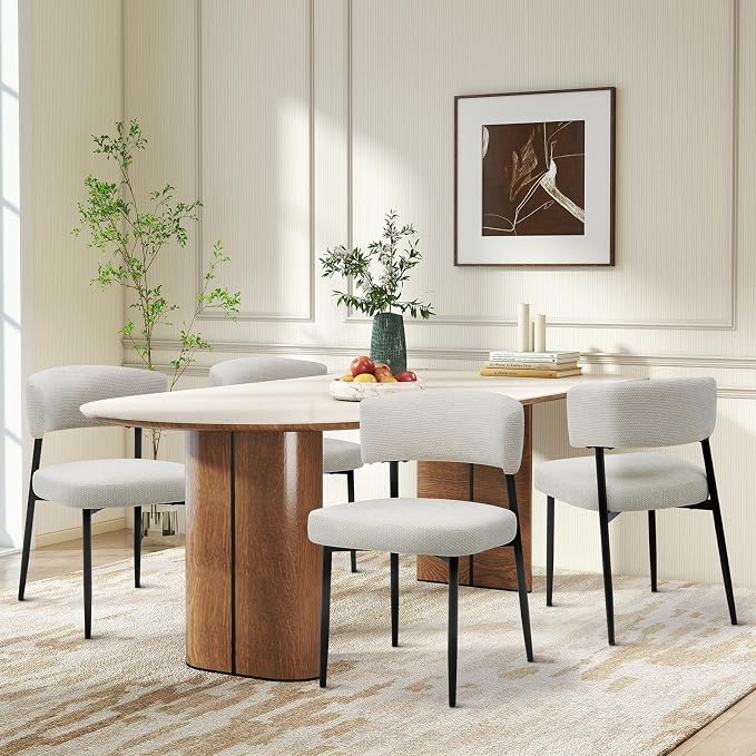 Sweetcrispy Dining Chairs Set of 4, Boucle Fabric Modern Mid Century Round Kitchen Chairs with Curved Backrest & Metal Legs for Vanity, Living Room - Modern Beige