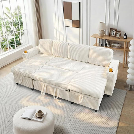 Modular Sectional Sleeper Sofa with Pull Out Bed, Plush Corduroy U Shaped Couch with Storage Chaise, USB Ports, Cup Holders, Comfy Sectional Couches for Living Room, Beige