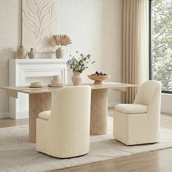 KISLOT Upholstered Dining Chairs Set of 1 with Hidden Casters, Modern Kitchen Chairs with Removable Washable Cover, Padded Dining Room Chairs with Chenille Velvet Fabric & Metal Frame, Sand