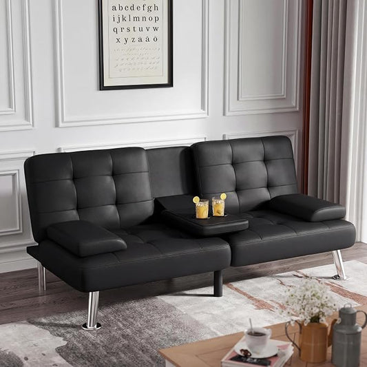 Flamaker Futon Sofa Bed Modern Folding Futon Set Convertible Recliner Lounge for Living Room with 2 Cup Holders, Removable Armrests (PU Leather, Black)