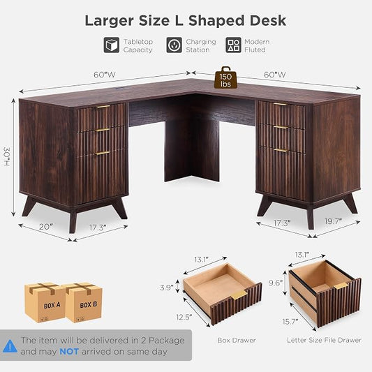 T4TREAM 60'' Fluted Executive L Shaped Desk, Modern Home Office Desk with Charging Station and File Drawer, Computer Corner Desks with Drawers & Storage Cabinet for Office Home, Bedroom, Dark Walnut