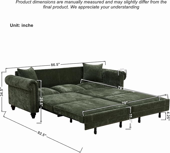 KEIKI King Size Pull Out Sofa Bed 3 in 1 Classic Modern Convertible Sleeper Chenille Upholstery Nailhead, Rolled Arm Sturdy Metal Frame 600 lbs for Living Room Apartment Office Small Spaces, Green