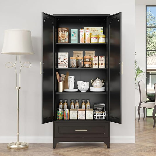 SteeLoong Metal Storage Cabinet with Drawers,75Inch Black Pantry Cabinets for Kitchen Storage with 3 Adjustable Shelves,Tall Kitchen Pantry Cabinet for Living Room, Dining Room,Office
