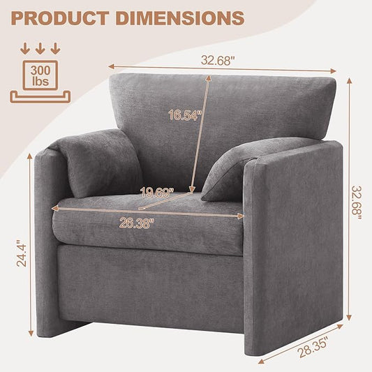 Oversized Accent Chair for Living Room, 32.68" Large Modern Armchair with Deep Seat, Mid-Century Comfy Reading Chair with Padded Arms, Chenille Single Sofa Chairs for Bedroom, Light Grey