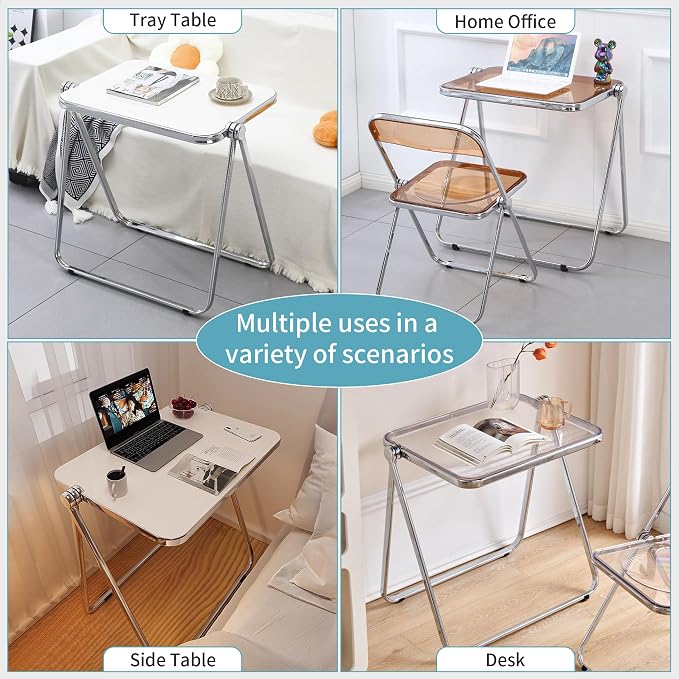KAIHAOWIN Folding TV Tray Table Acrylic Foldable Table No Assembly Required Tiny Desk for Home Office Side Table Small Computer Desk for Small Spaces (Clear)