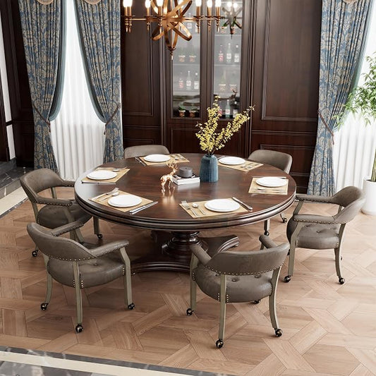LEEMTORIG Set of 6 Dining Chairs with Casters and Arms, Rolling Dining Chairs with Wheels for Elderly, Ergonomic Wide Seat Wooden Office Desk Chairs, 26"D x 25.2"W, Grey Legs & Dark Brown SY-1318-DK