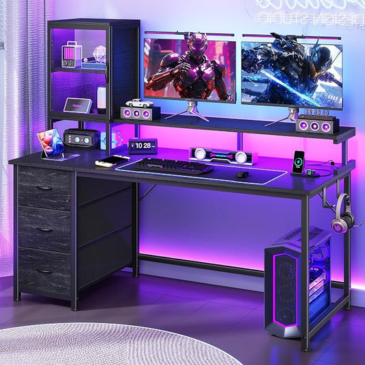 DurayLoly 47" Gaming Desk with Hutch and Cabinet to Display, Gaming Table with 3 Drawers for Small Space Storage, 2 AC Power Outlets and RGB Light, Monitor Stand for Student Bedroom