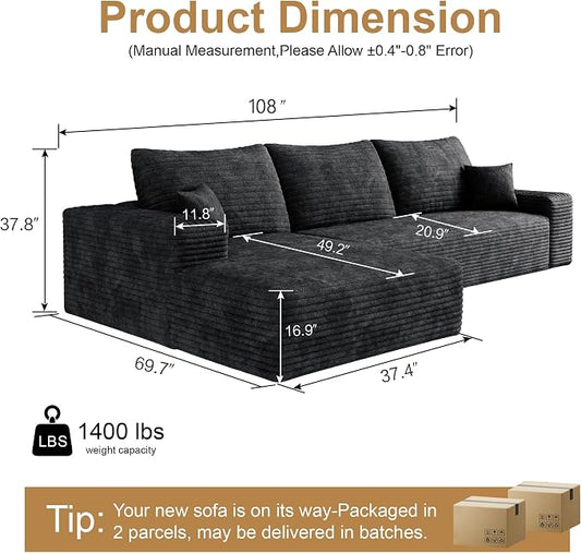 AUGOP 108" Sectional Couches for Living Room Modern Modular Sofa with L-Shape Couchs Upholstered Boneless Couch Deep Seat Sectional Couch with Chaise (Black, Left Facing Chaise+2Seaters)