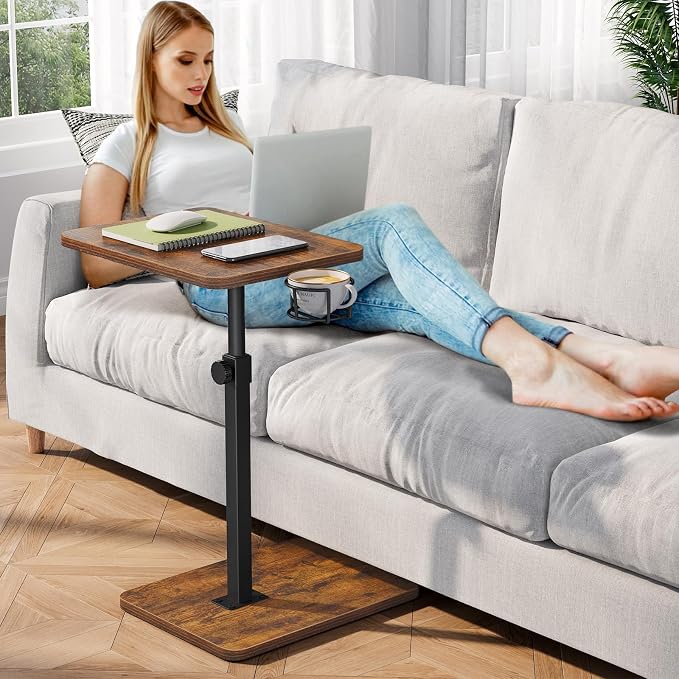 Giikin TV Tray Table, 360° Swivel Height Adjustable TV Trays for Eating on Couch,Sofa Armrest Side Table for Small Spaces Sofa Bed Dinner, Rustic Brown