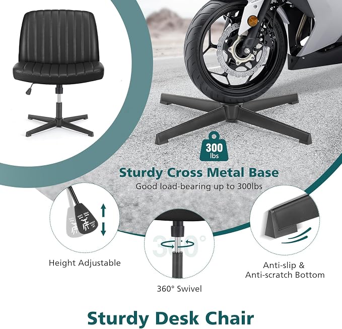 OLIXIS Criss Cross Legged Chairs No Wheels, Wide Seat Height Adjustable Swivel Chair,Padded PU Leather Armless Desk Chair for Home Office Bedroom, Student, Study Room,Black-Pu