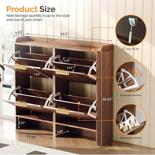 VINGLI 43.5" Large Shoe Storage Cabinet with 4 Fluted Flip Drawers, Slim Entryway Shoe Organizer with Curved Side Panels, Walnut Wood Shoe Rack for Hallway, High Capacity Hidden Shoe Shelf for Boots