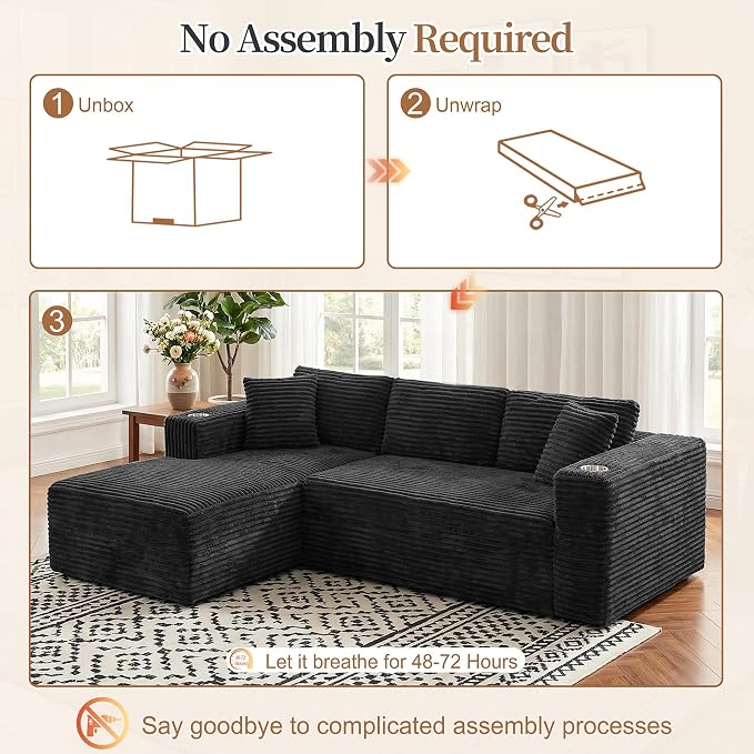 Vongrasig 103" Boneless Sectional Couches for Living Room, L-Shaped Chaise Modular Cloud Couch with Cup Holders on Armrests, Plush Corduroy Comfy Sofa with Memory Foam, No Assembly Required (Black)