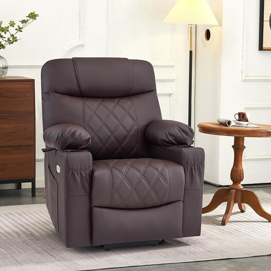 MCombo Small Power Lift Recliner Chair Sofa with Massage and Dual Heating, Adjustable Headrest for Elderly People Petite, USB Ports, 7111 (Single Motor, Dark Coffee)