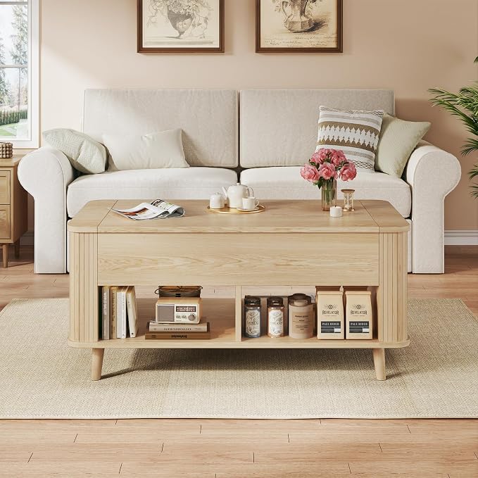 Lift Top Coffee Table with Storage, 41" Mid Century Modern Coffee Table with Fluted & Curved Profile Design, Hidden Storage Compartment, Lower Shelf Center Table for Living Room Office, Oak