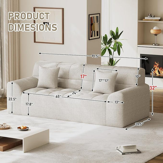 91.5" Modern Boneless Couch for Living Room, Comfy Cloud Sectional Sofa with Deep Seat, Chenille Love Seat Oversized Upholstered 3-Seater Sofa, No Assembly Required Tufted Sofas, Beige White