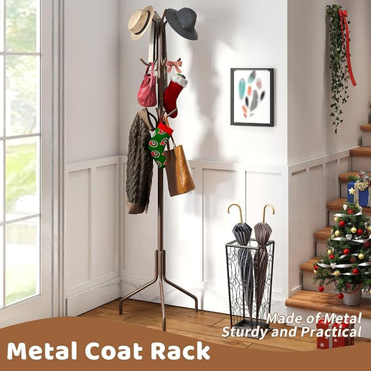 Coat Rack Freestanding Coat Tree Standing Coat and Hat Hanger Jacket Organizer Rack Metal,18.3" L x 18.3" W x 71.5" H, Brown