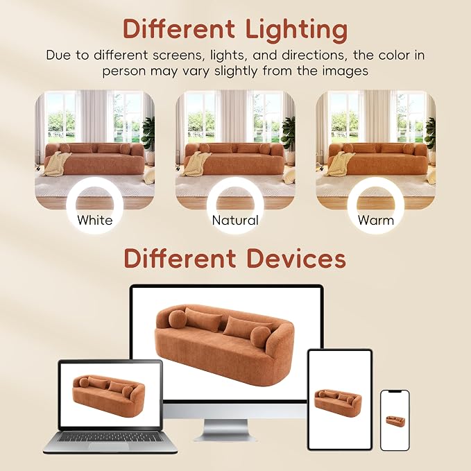 86" Curved Cloud Couch, Curved Sofa,Boneless Couch, Upholstered Sofa with Pillows, No Assembly with High-Density Foam, 3-Seater Luxury Modern Compressed Sofa, Chenille,Orange