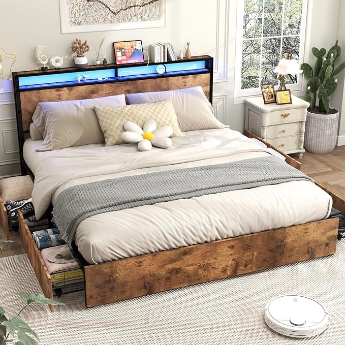 Kiivakii King Size Bed Frame with 4 Storage Drawers, LED Platform Bed with Headboard, Built in Charging Station, Noise Free, Metal Support Base, No Box Spring Needed, Rustic Brown