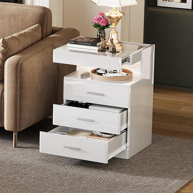 Treocho Led Nightstand with Hidden Space, Modern Night Stand with Charging Station, 3 Drawer Smart Nightstand with Glossy Finish, Tall Bedside Table with RGB Lights for Bedroom, White