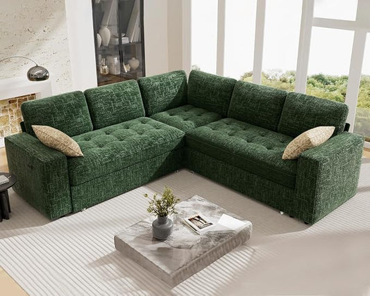 Vipbear 5 Seat L Shaped Modular Sectional Sleeper Sofa Bed with Pull Out Bed/Reclining Backrest/USB Ports/Storage Seat, Sectional Sleeper Couch, Tool-Free Assembly, Chenille Green