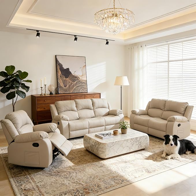 Reclining Loveseat Sofa Leather Recliner Sofa 3 Seater Couch for Living Room, Home Theater Seating(3 Seat,Beige)