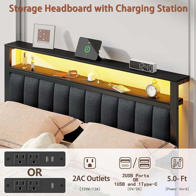 Furnulem Queen Bed Frame with Charging Station and LED Lights, Grey Upholstered Headboard with Shelves, Metal Platform Bed with 2 Under-Bed Storage (Fabric Drawer on Wheels), No Box Spring Needed