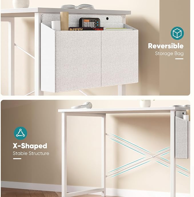 OLIXIS Small Computer Desk, 31 Inch Home Office Desks, Writing Study Craft Work Gaming Table, Computer Workstation for Bedroom Small Spaces with Storage Bag, All White