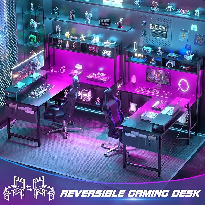 Aheaplus L Shaped Gaming Desk with Power Outlets & LED Lights, Small L- Shaped Desk Computer Corner Desk with Monitor Stand & Storage Shelf, Home Office Desk Writing Desk with Storage Bag, Black