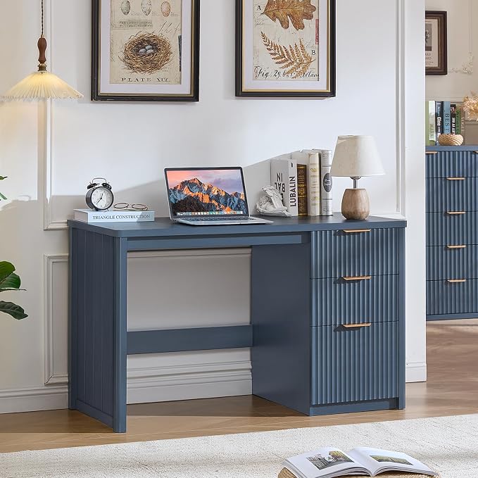 LEYAOYAO Office Desk 48" with 3 Drawers Storage File Cabinet Wood Fluted Desk for Computer Office Bedroom Home Furniture Blue