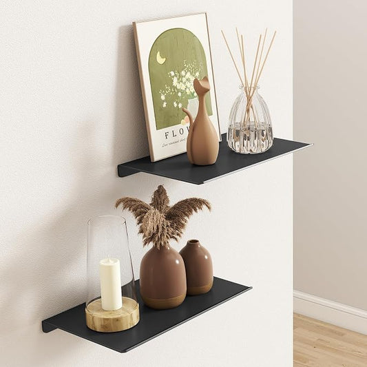 MKO 8" Small Floating Shelves for Wall, Metal Wall Mounted Shelf for Bathroom, Bedroom, Living Room, Kitchen, Little Mini Tiny Display Hanging Shelves for Books/Storage/Room Decor 2 Packs, Black